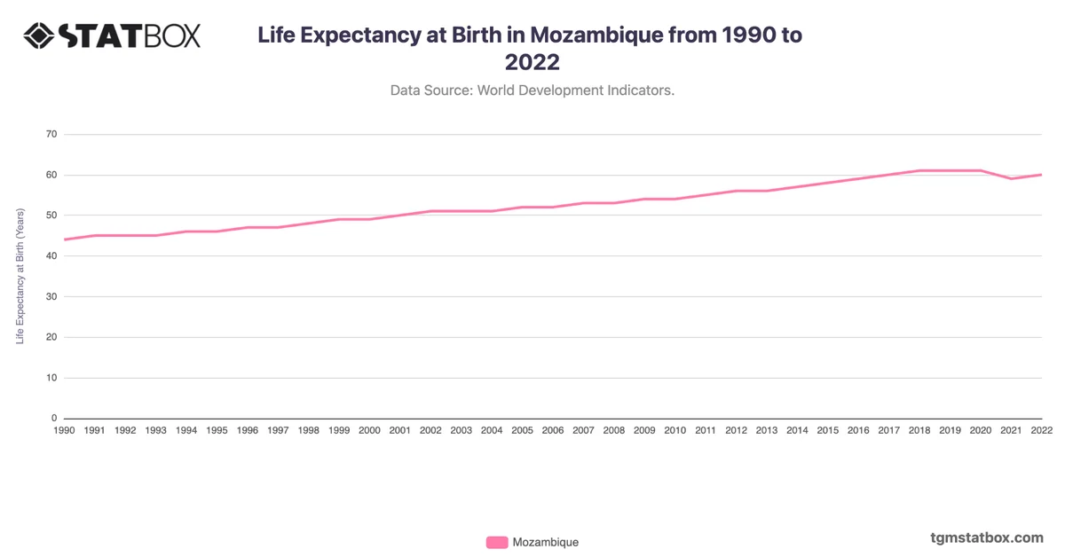 Life Expectancy at Birth in Mozambique from 1990 to 2022