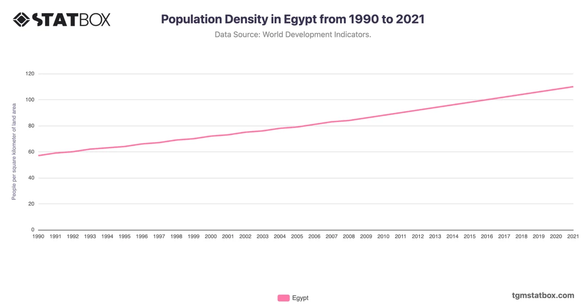 Population Density in Egypt from 1990 to 2021