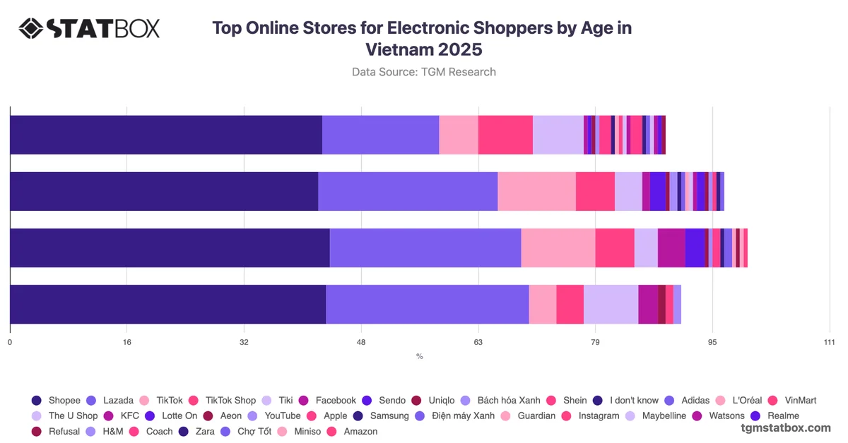Top Online Stores for Electronic Shoppers by Age in Vietnam 2025